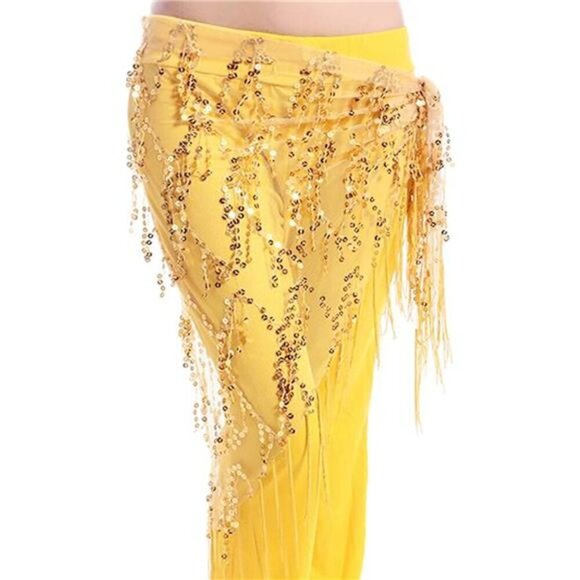 Yellow Sheer Sequin Belly Dance Hip Scarf – Sparkling Wrap Skirt with Fringe - Picture 3 of 4